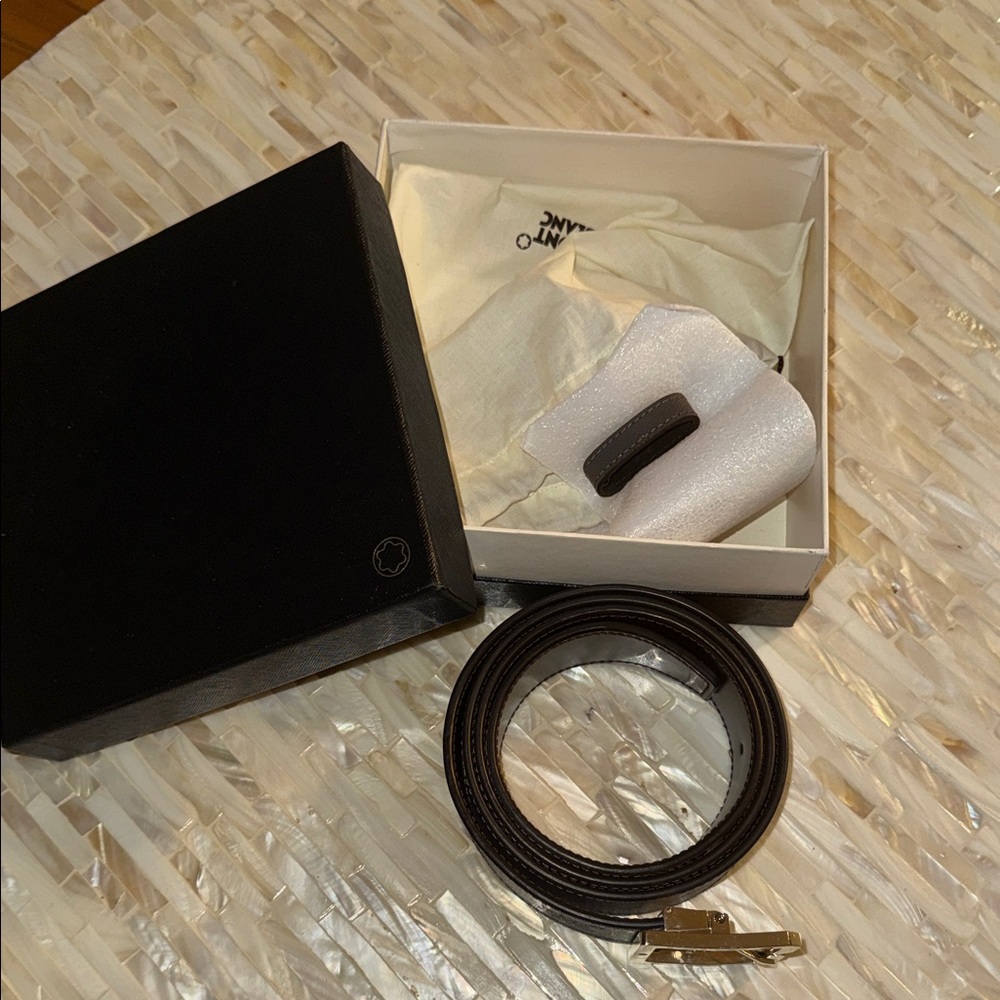 Montblanc Charcoal Leather Belt with Gold Buckle